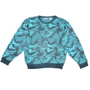 Vintage Koman 80s 90s Grandma Knit Sweate L Abstract Retro Teal